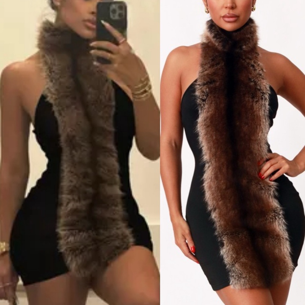 Black Dress with Brown Faux Fur Scarf